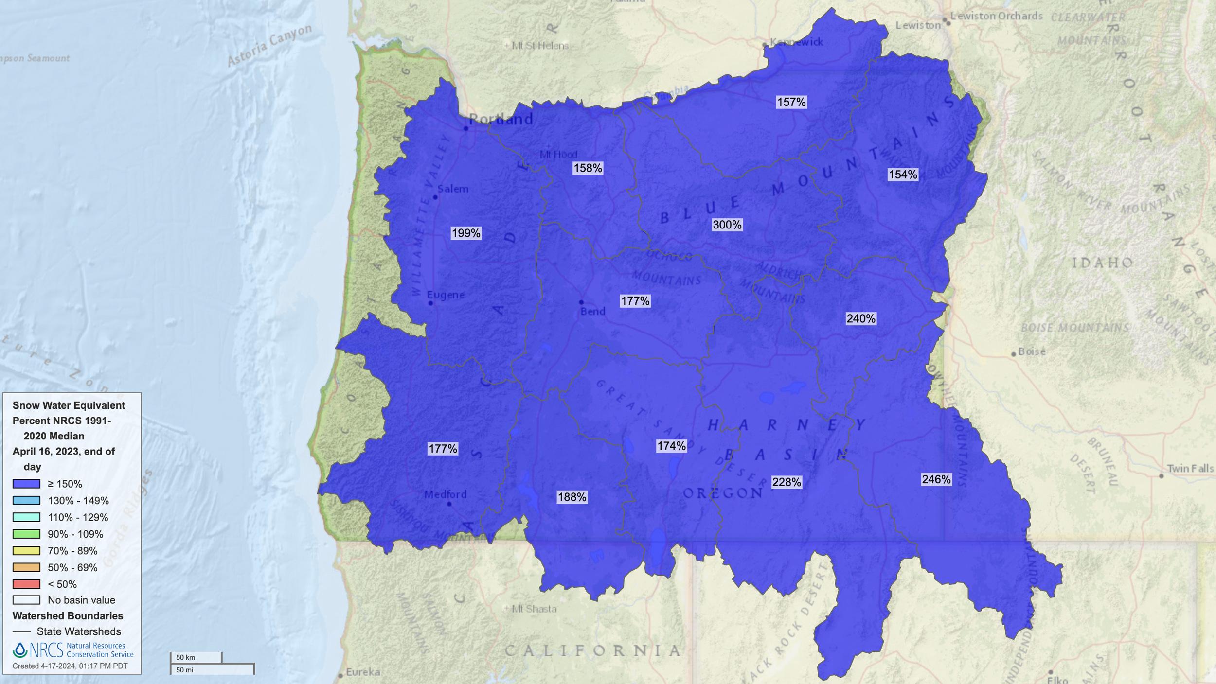 2023 Oregon mid April snow water equivalent map