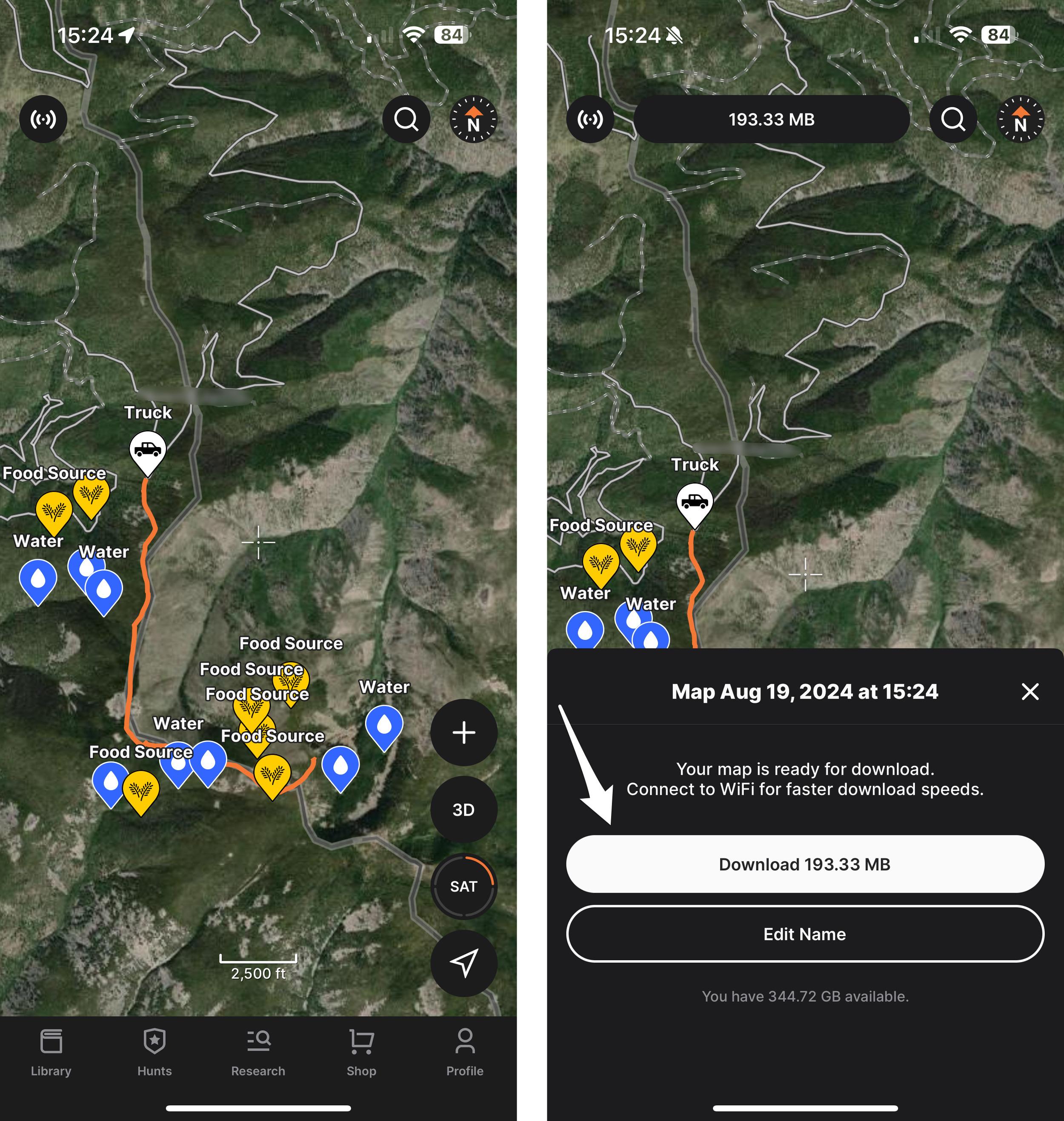 All e-scouting elk waypoints on GOHUNT mobile app and downloading area for offline use