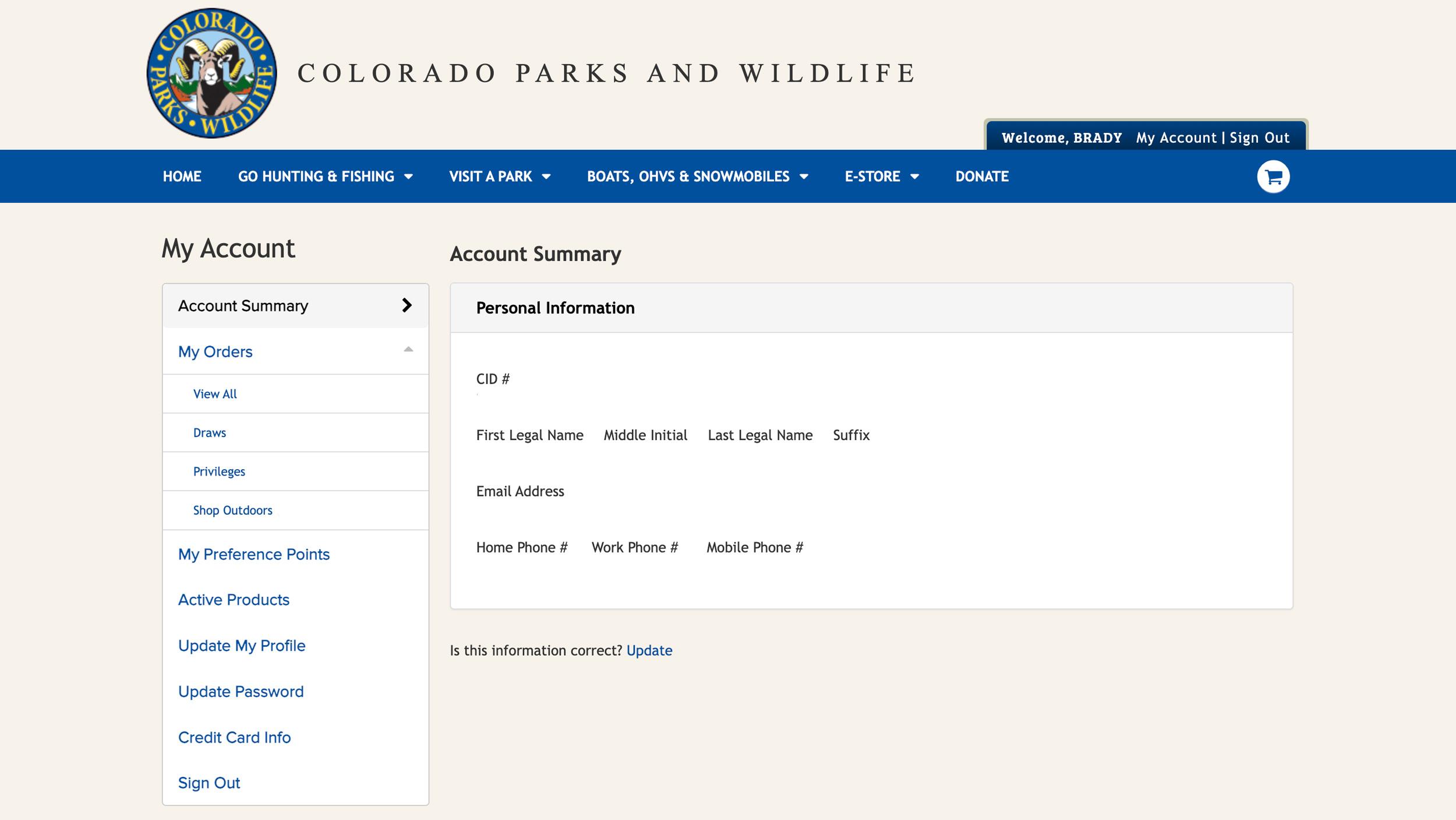 Colorado Parks and Wildlife shop account page