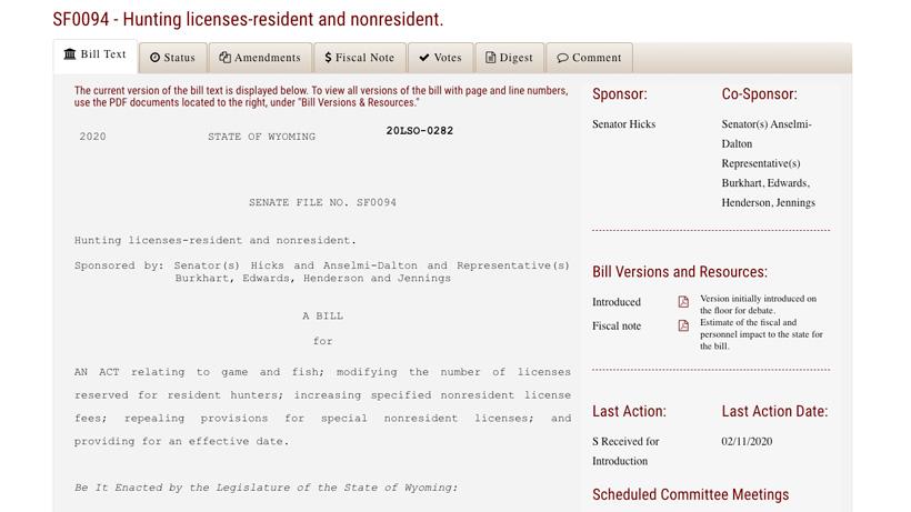 Screenshot of wyoming bill sf0094