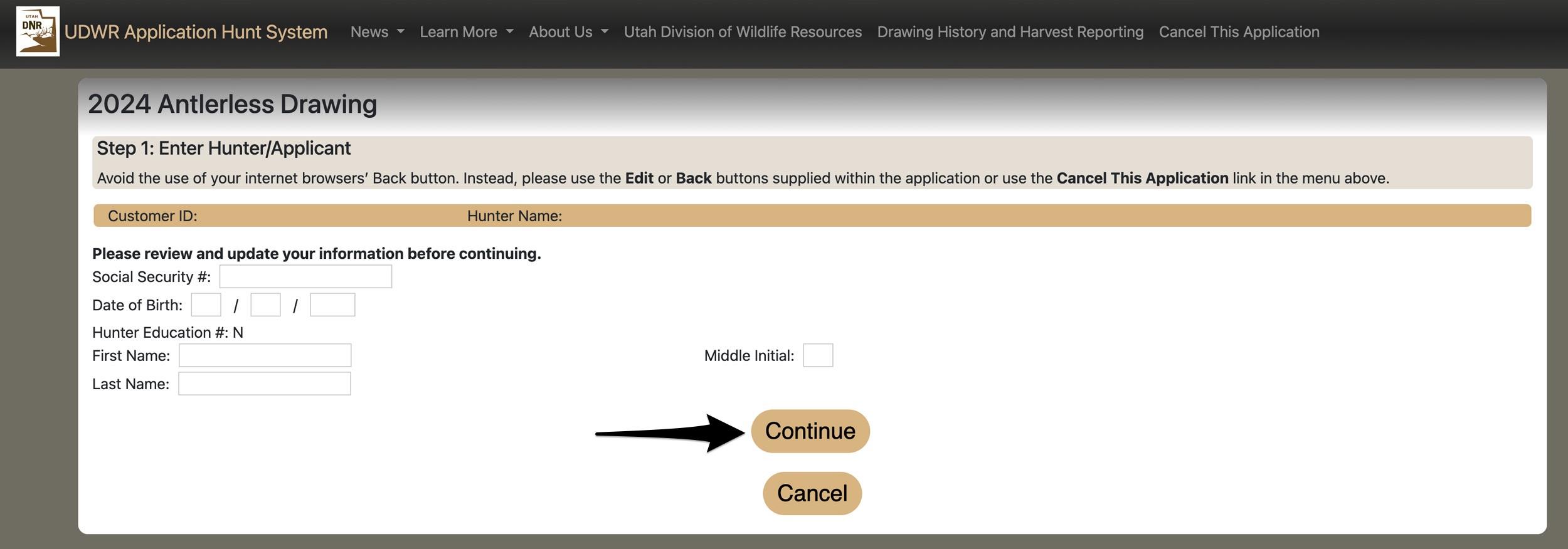 Creating a new customer account on Utah hunting licensing page