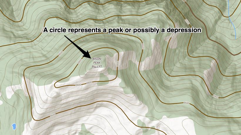 Circles on topographical map represent a peak