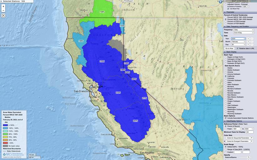 California february 28 2023 snow water equivalent percent