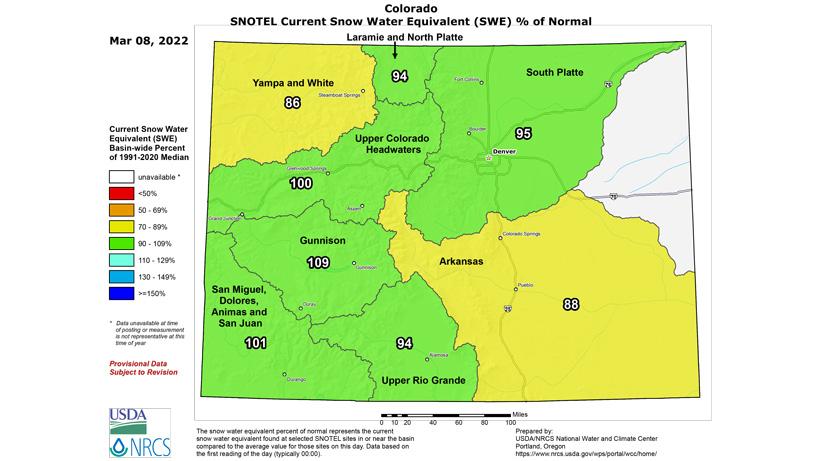 Colorado March 2022 snow water equivalent map