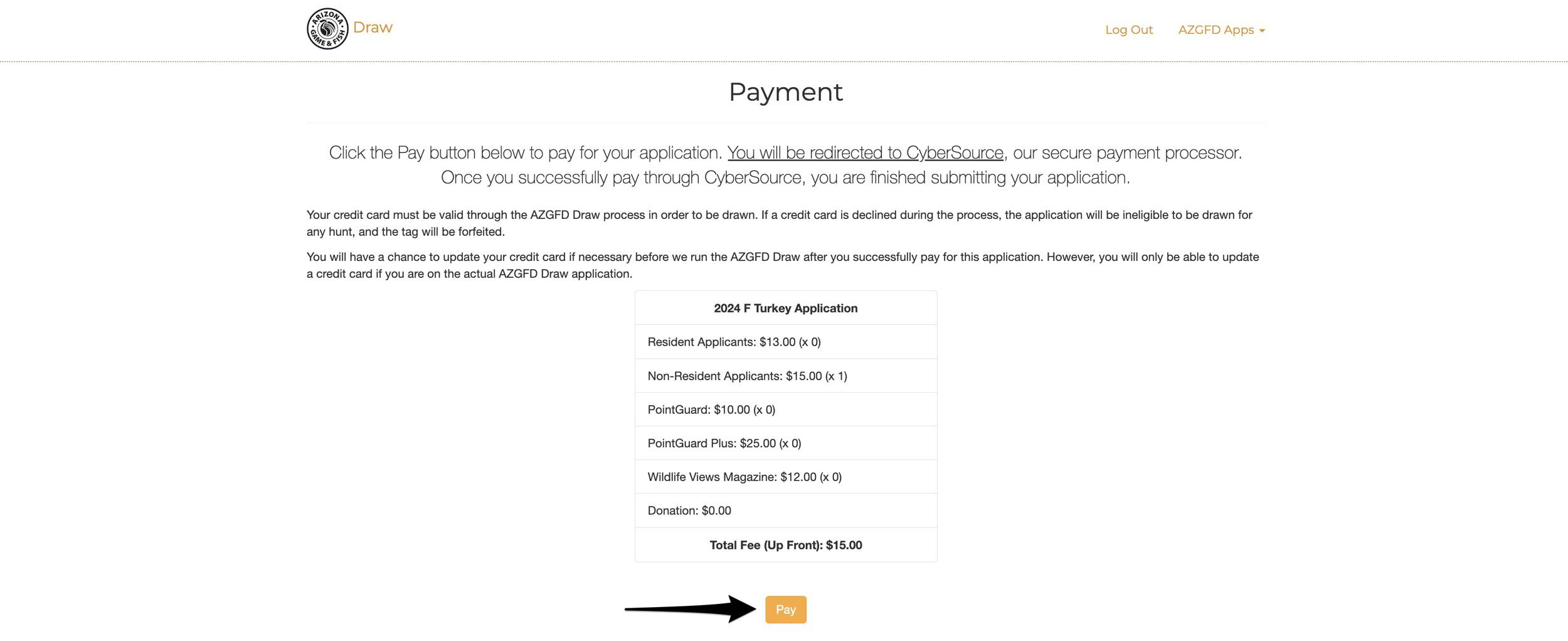 Arizona bonus point payment review page