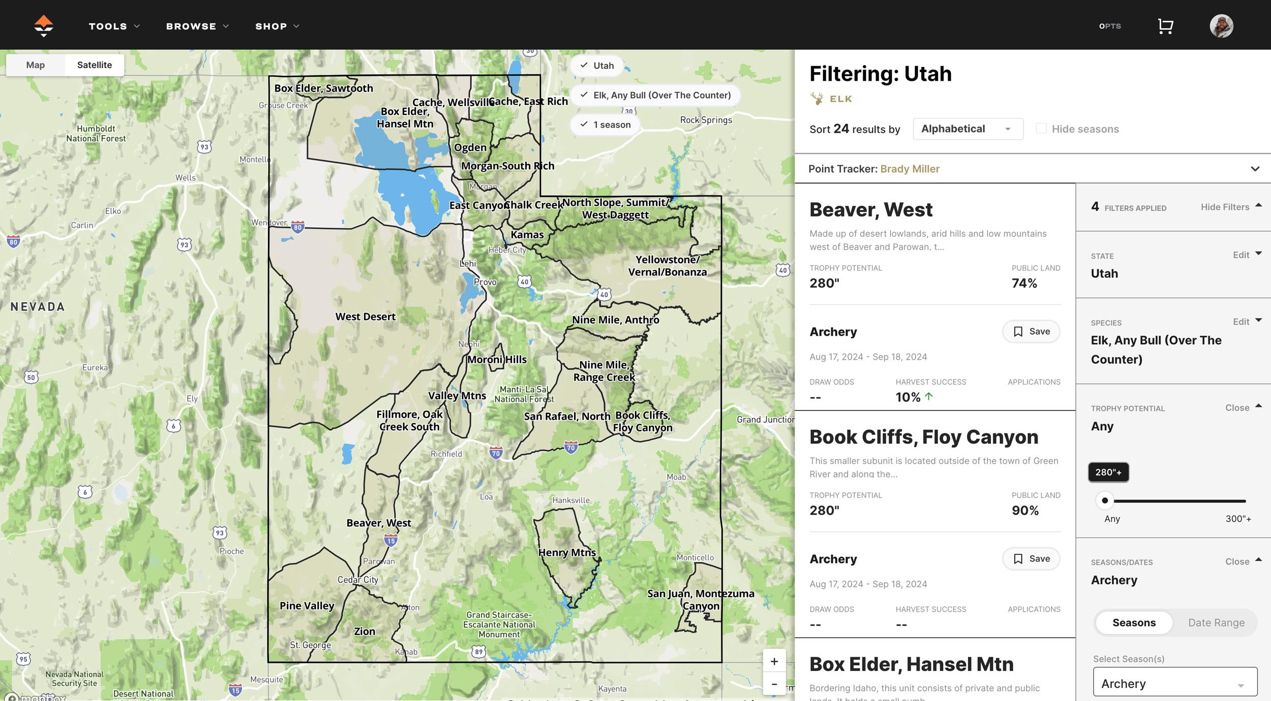 Utah general season archery elk hunting unit research using GOHUNT's Filtering tool