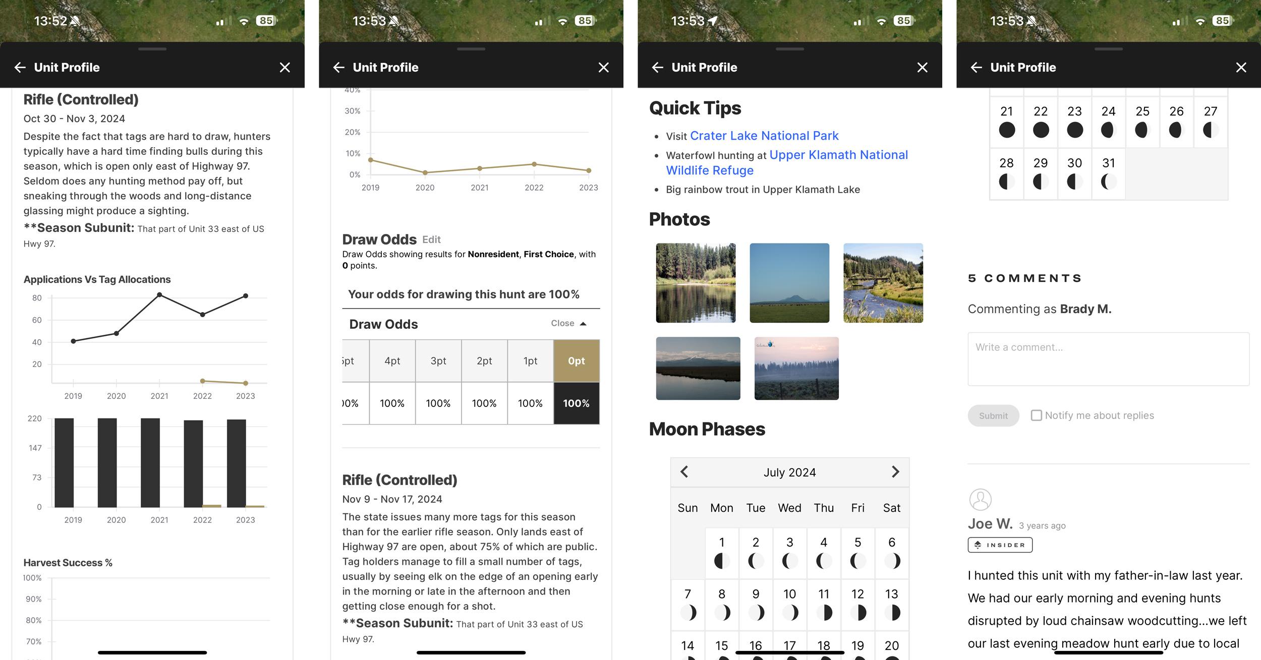 Continued examples of a hunting Unit Profile view in GOHUNT mobile app