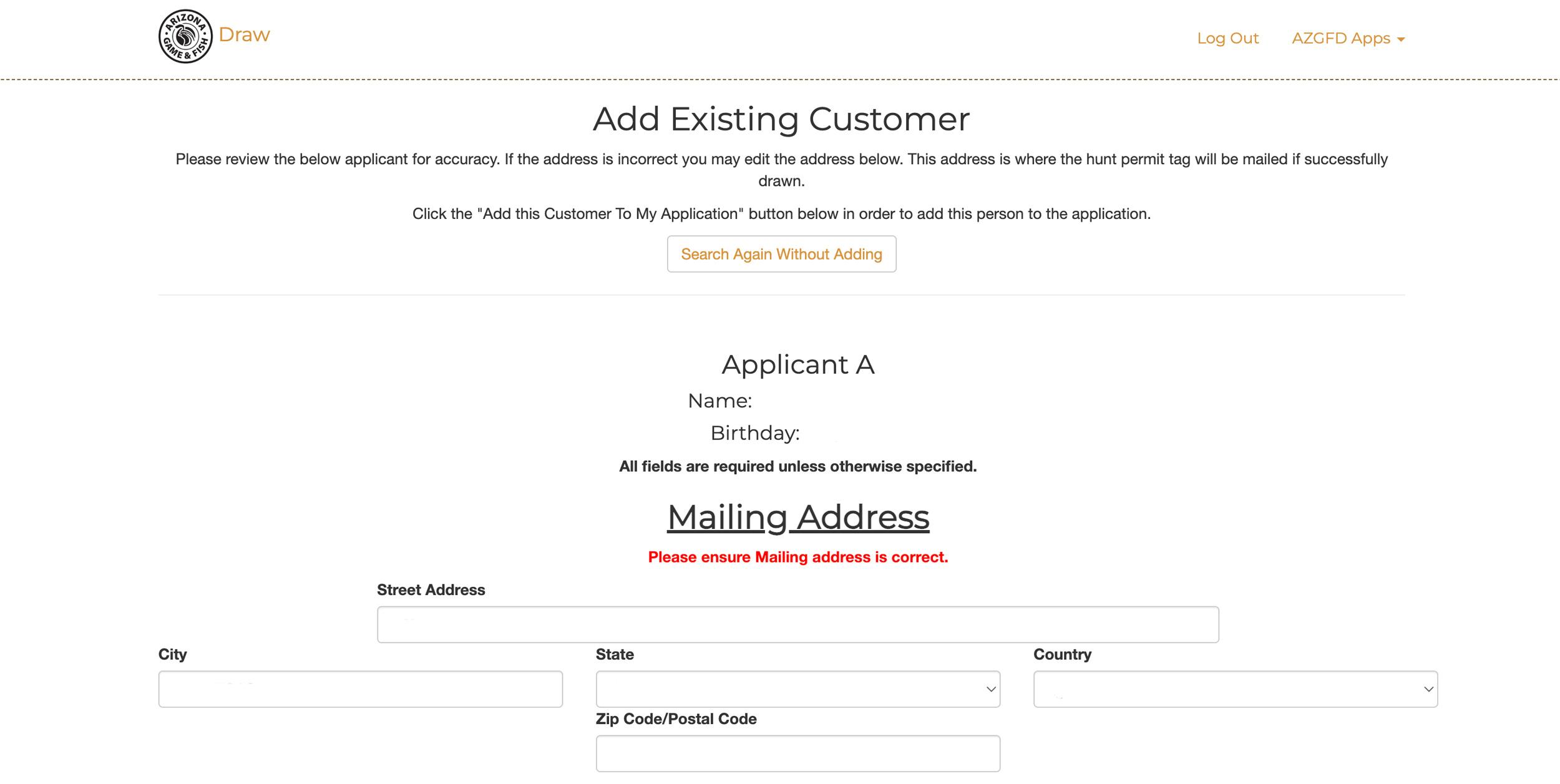 Review address information when adding Arizona customer to purchase points