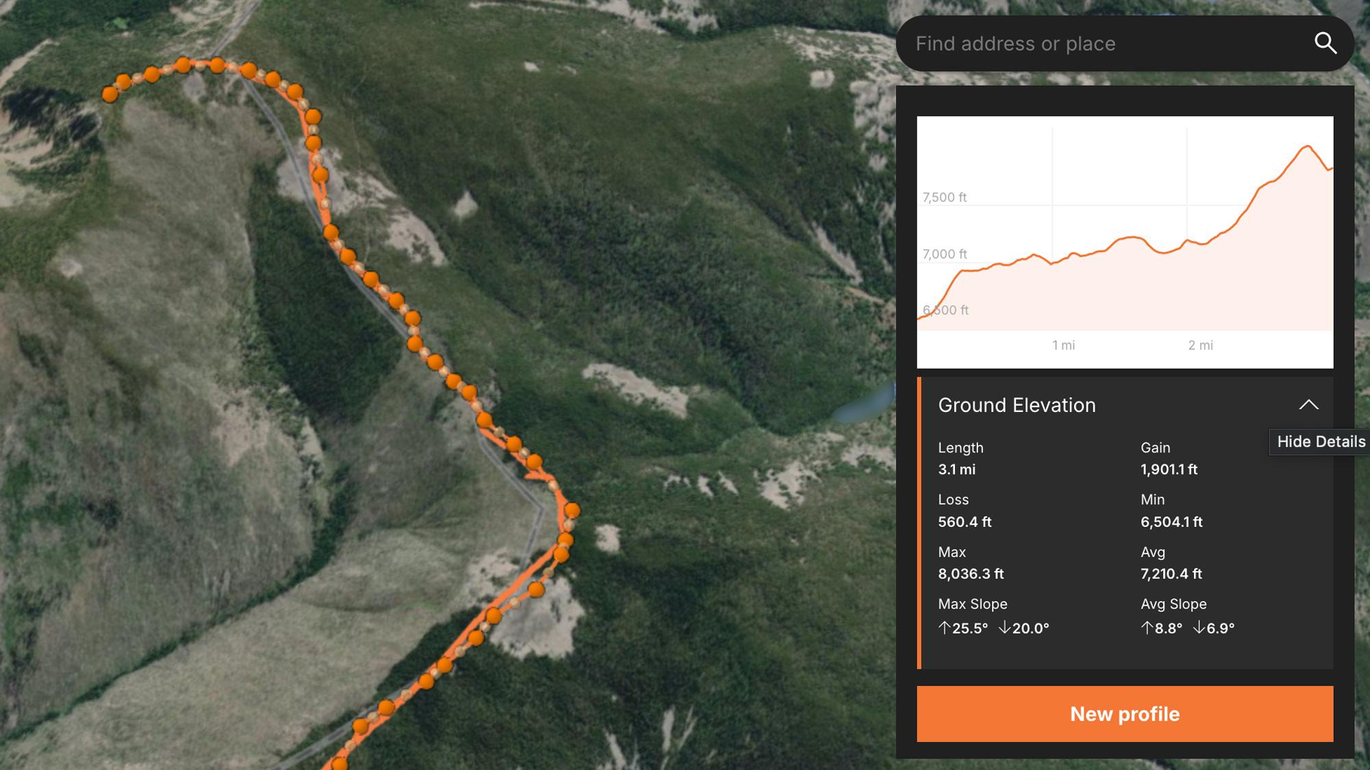 Example of the GOHUNT Elevation Profile tool on maps