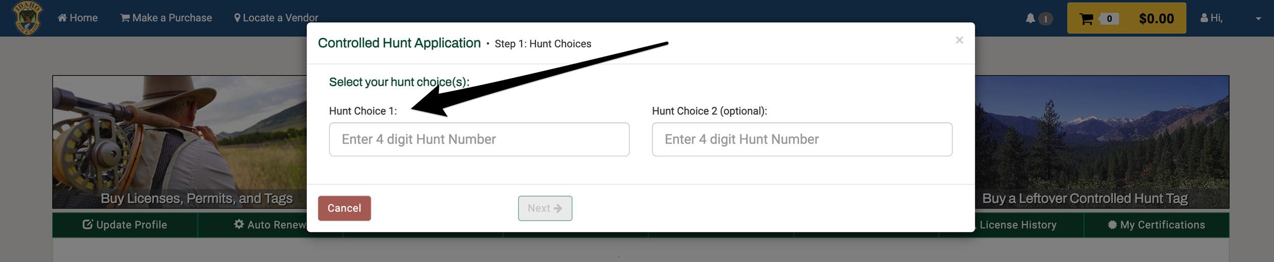 Screenshot of Idaho controlled hunt application hunt choices