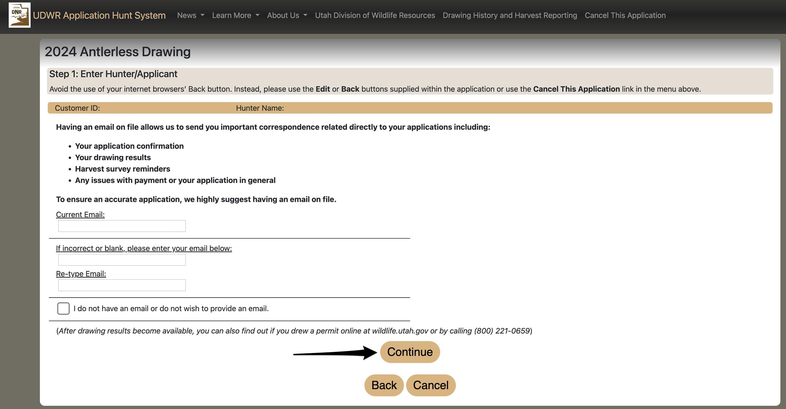Confirming correct email address for Utah hunting licensing account