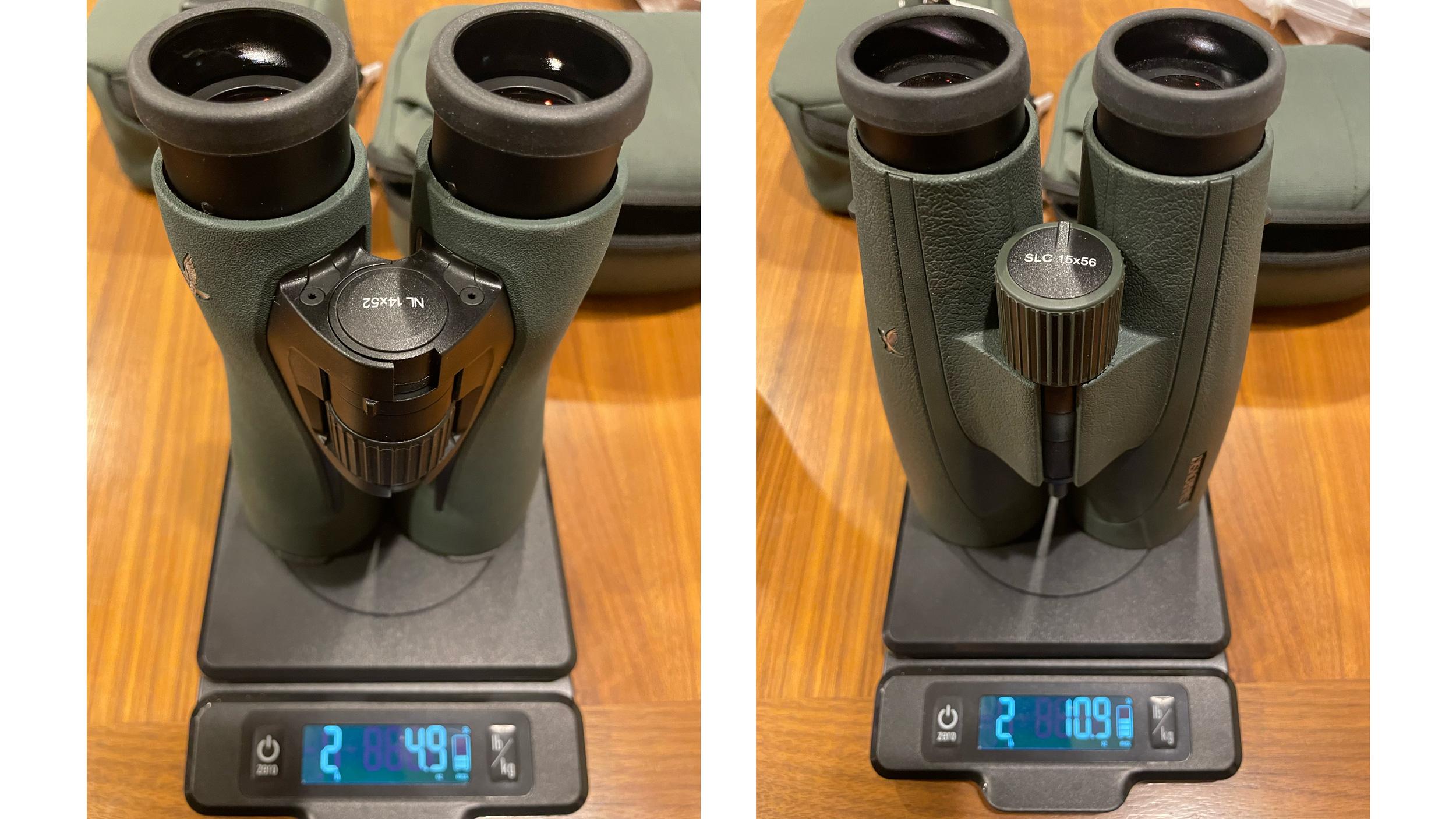 Weight comparison between Swarovski 14x52 NL Pure and 15x56 SLC binoculars