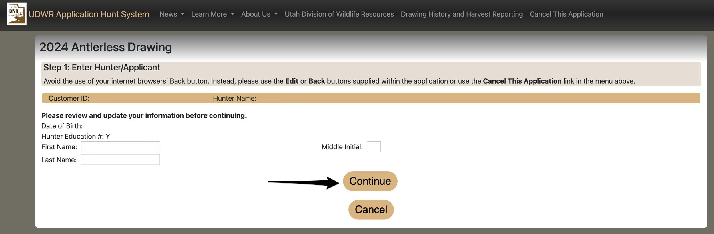 Verifying hunting information on Utah licensing page before continuing