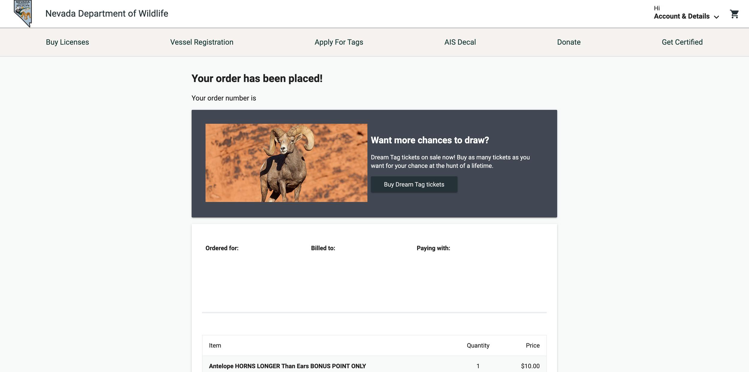 Nevada bonus point order confirmation page after checkout