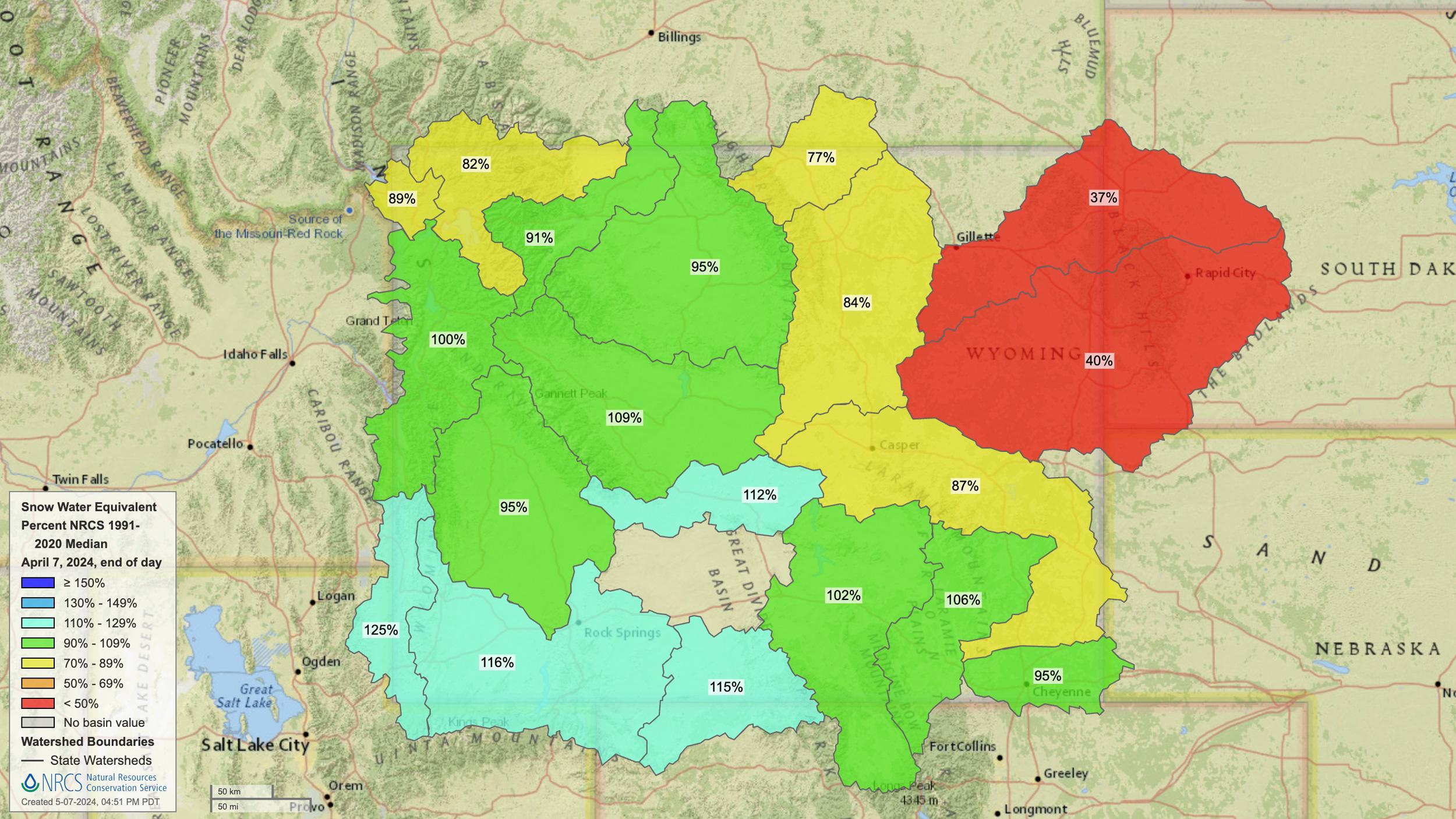 2024 Wyoming early April snow water equivalent map