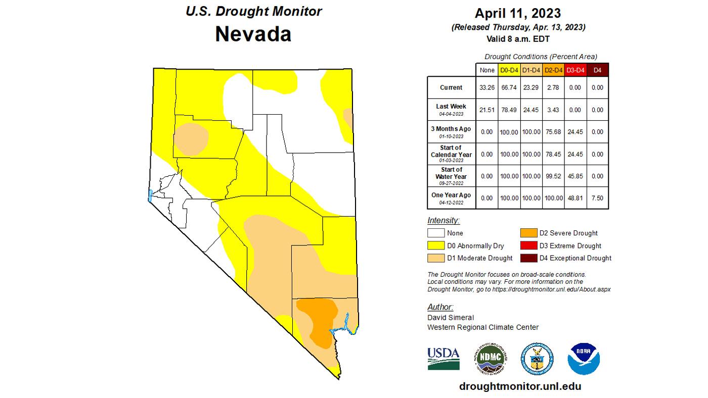 2023 early April Nevada drought status map