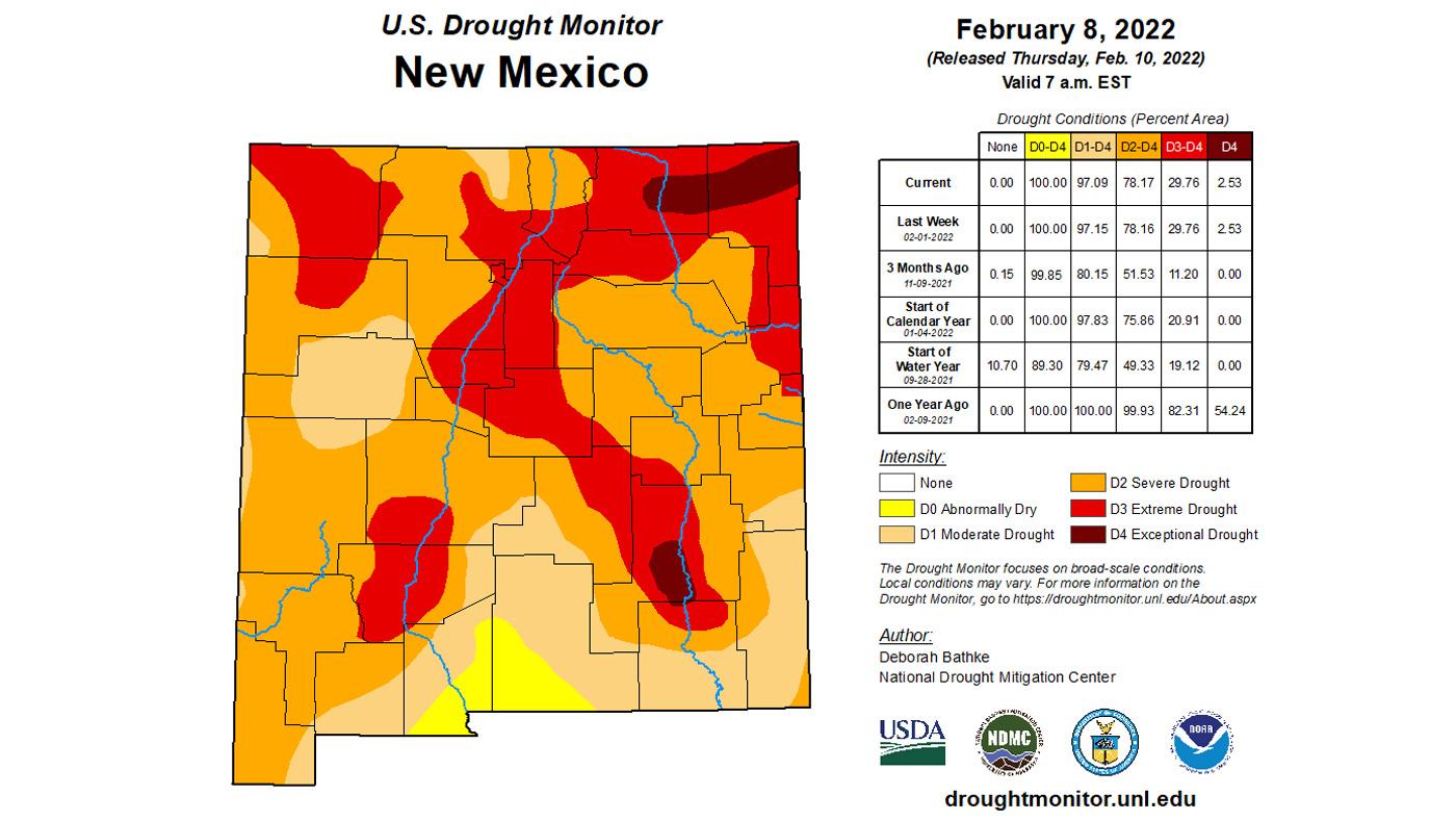 2022 New Mexico February statewide drought status map