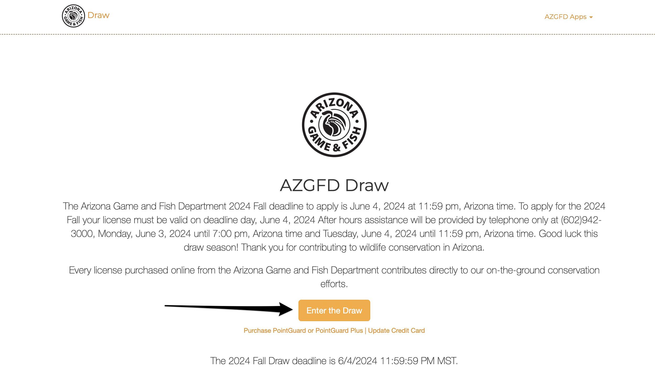 Arizona hunting licensing page to enter draw and purchase bonus points
