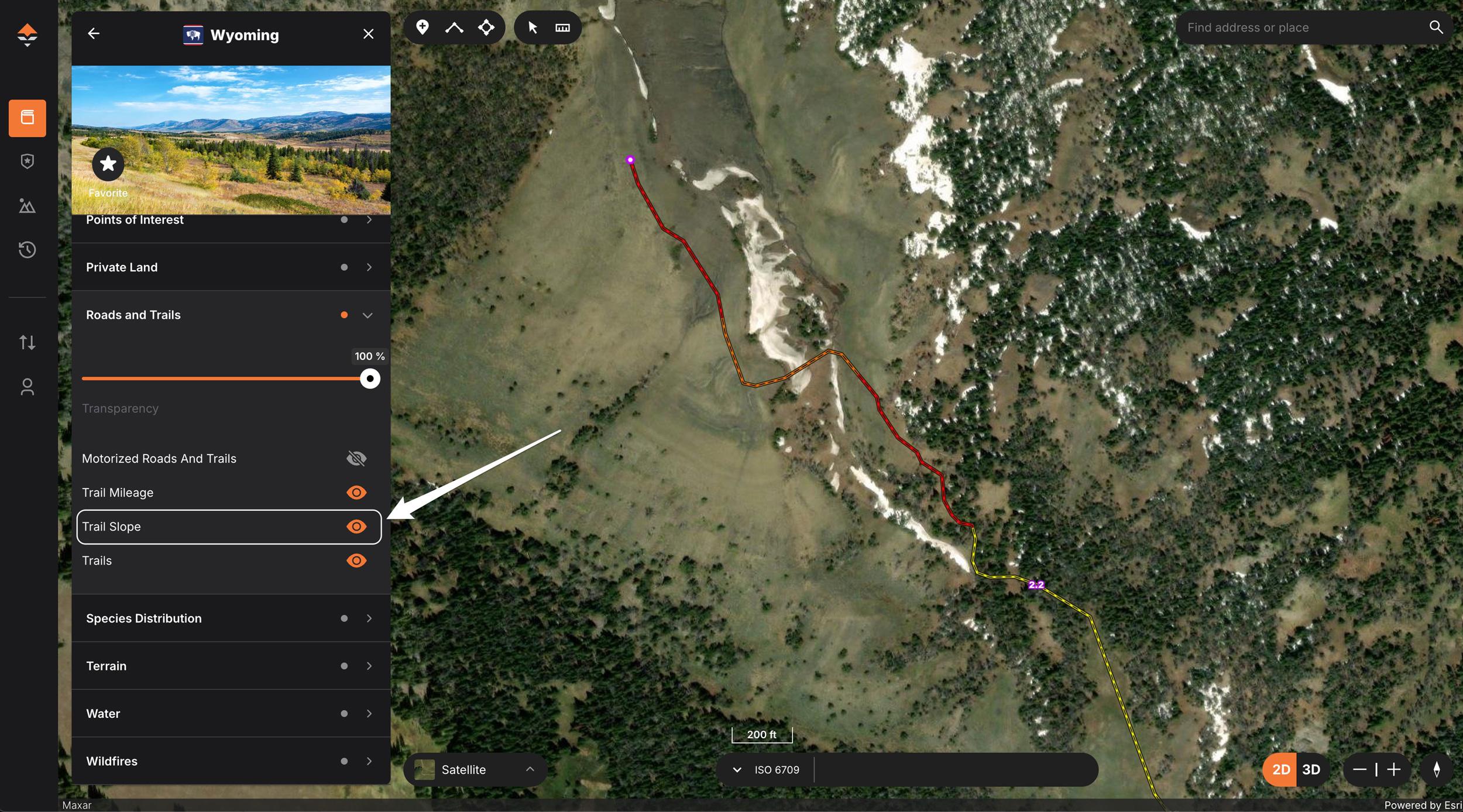 Trail Slope Layer on the web version of GOHUNT Maps