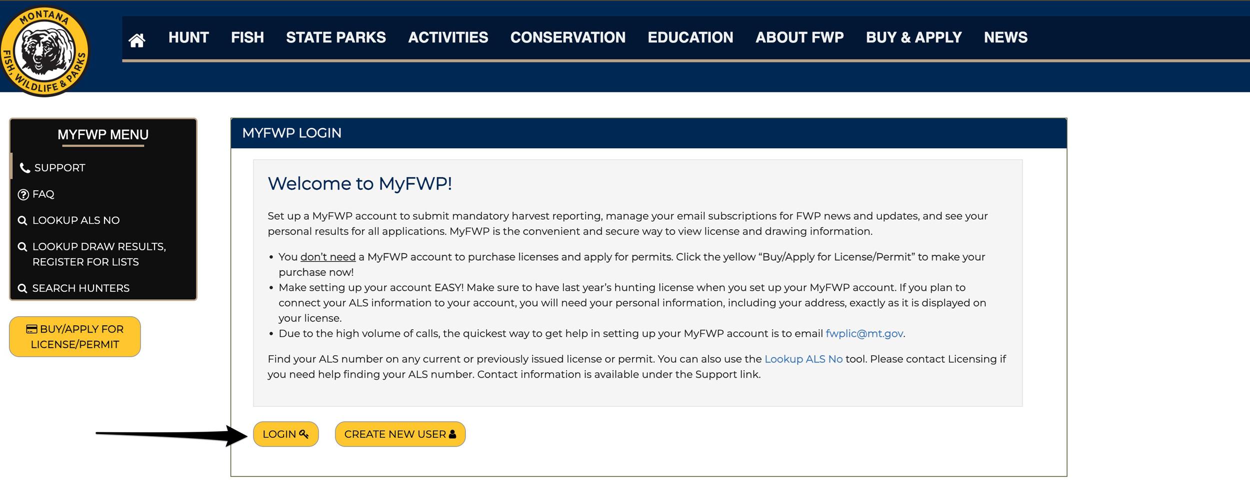 MyFWP login page to access your Montana account