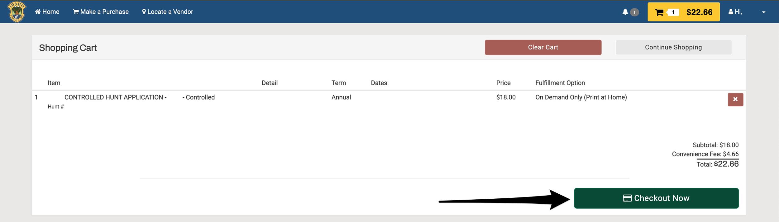 Verify shopping cart for Idaho's controlled hunt application