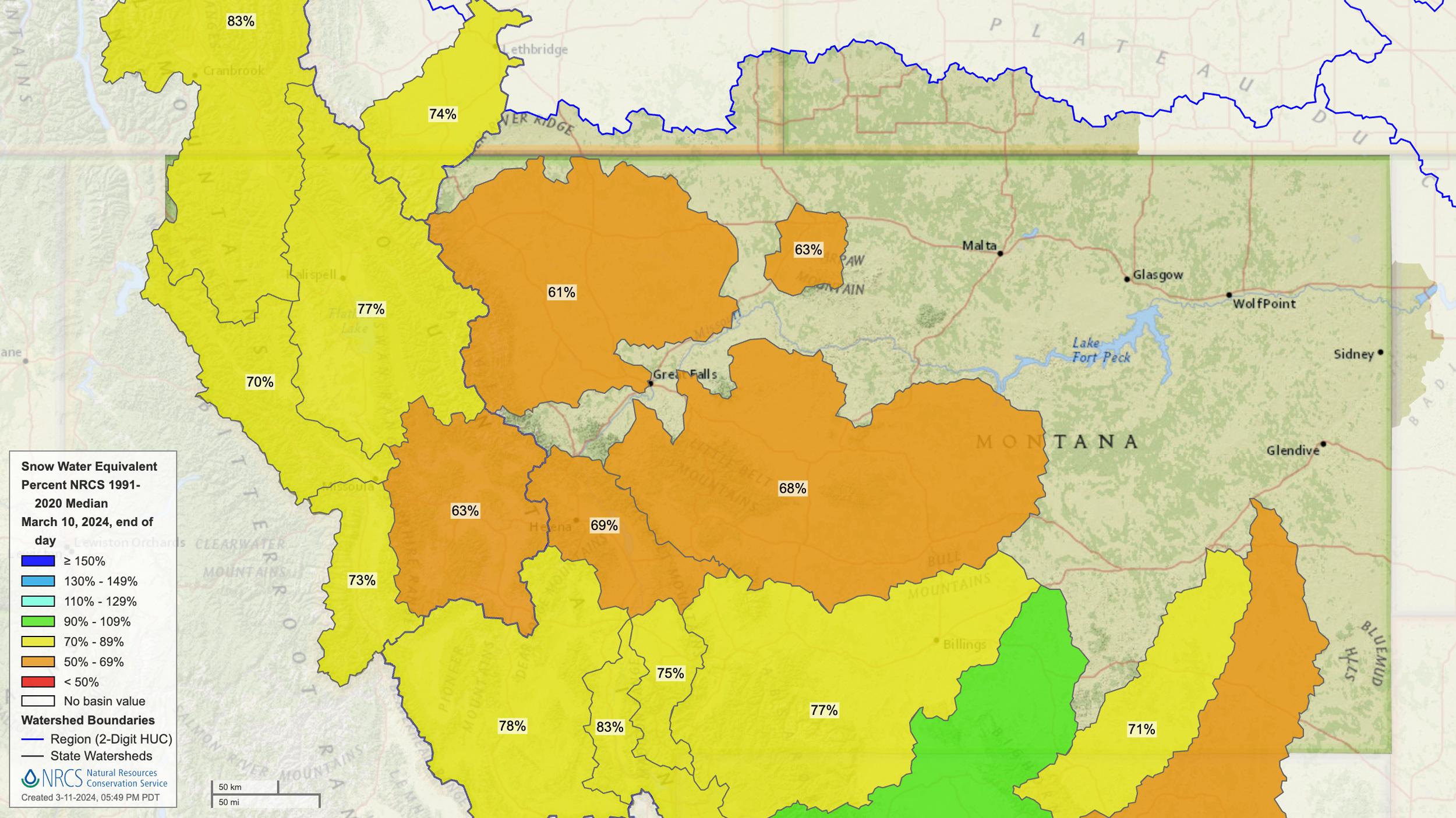 Montana mid March 2024 snow water equivalent map