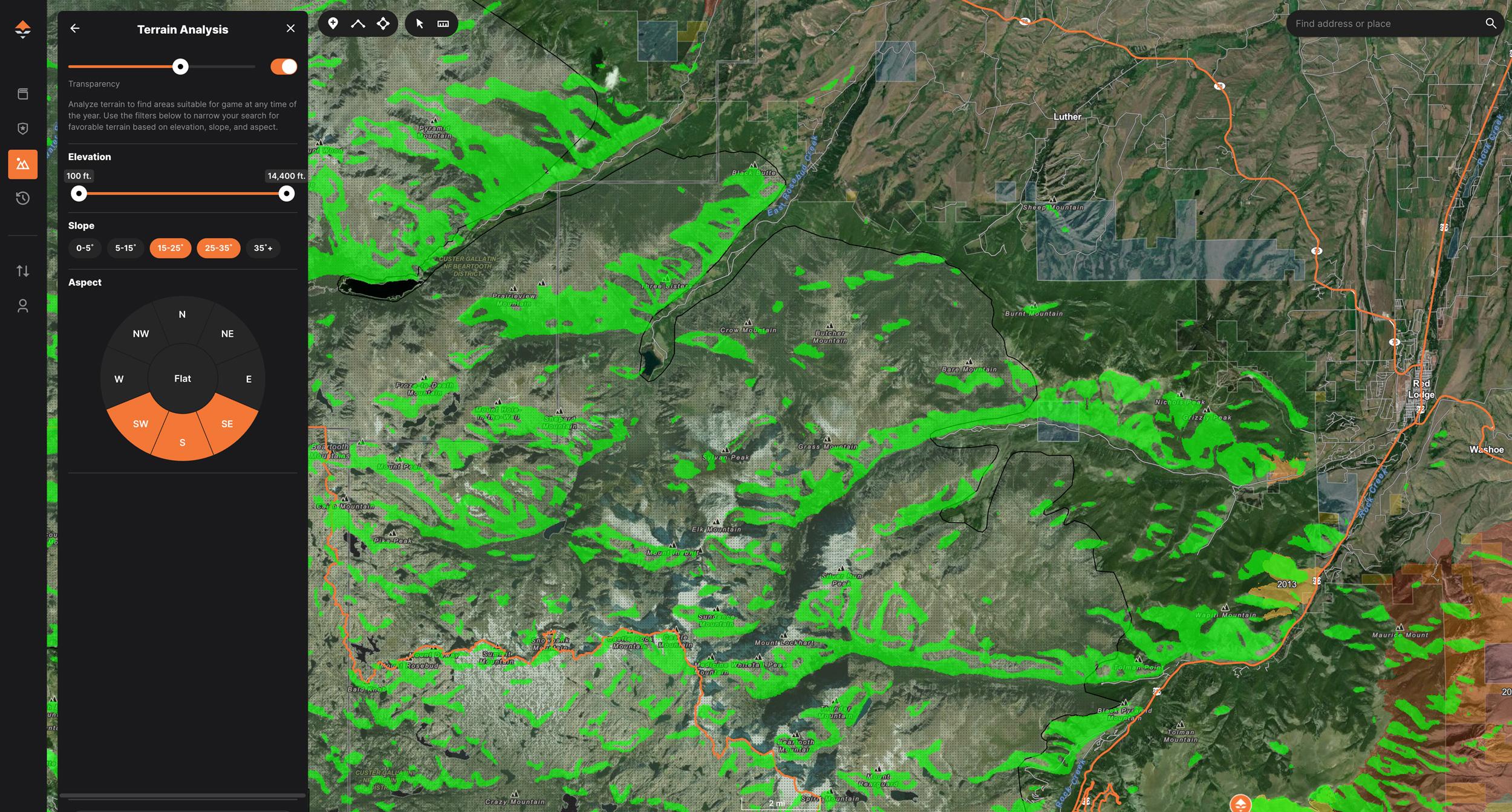 Isolating Terrain Analysis to only show slope angles from 15 to 35 degrees for spring bears
