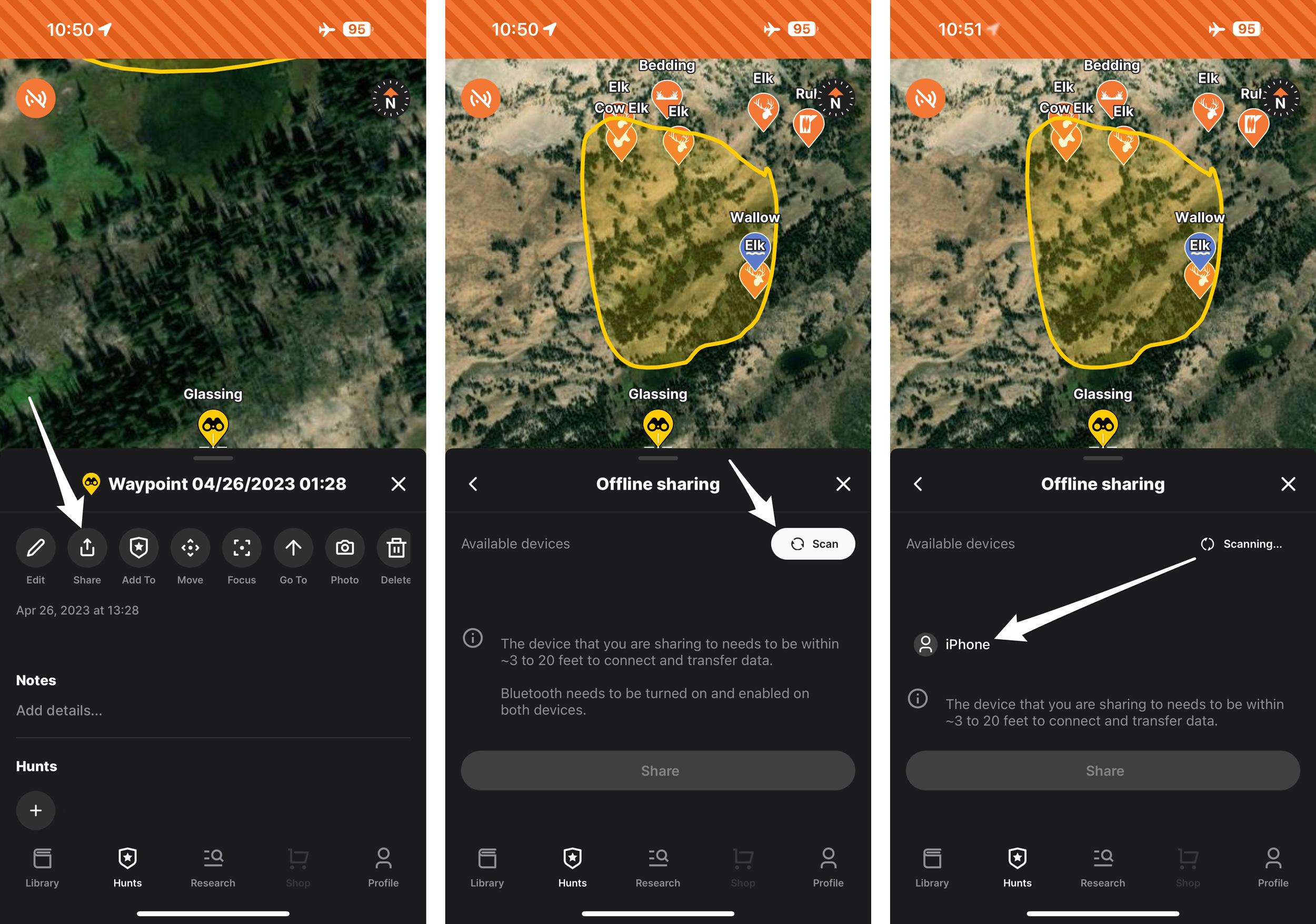 How to share a hunting waypoint offline using Bluetooth