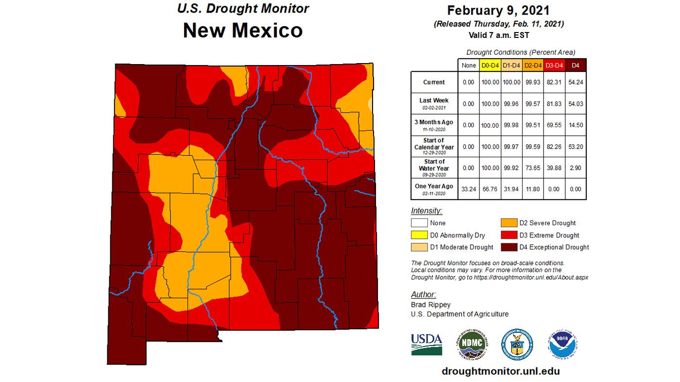 2021 New Mexico February statewide drought status map
