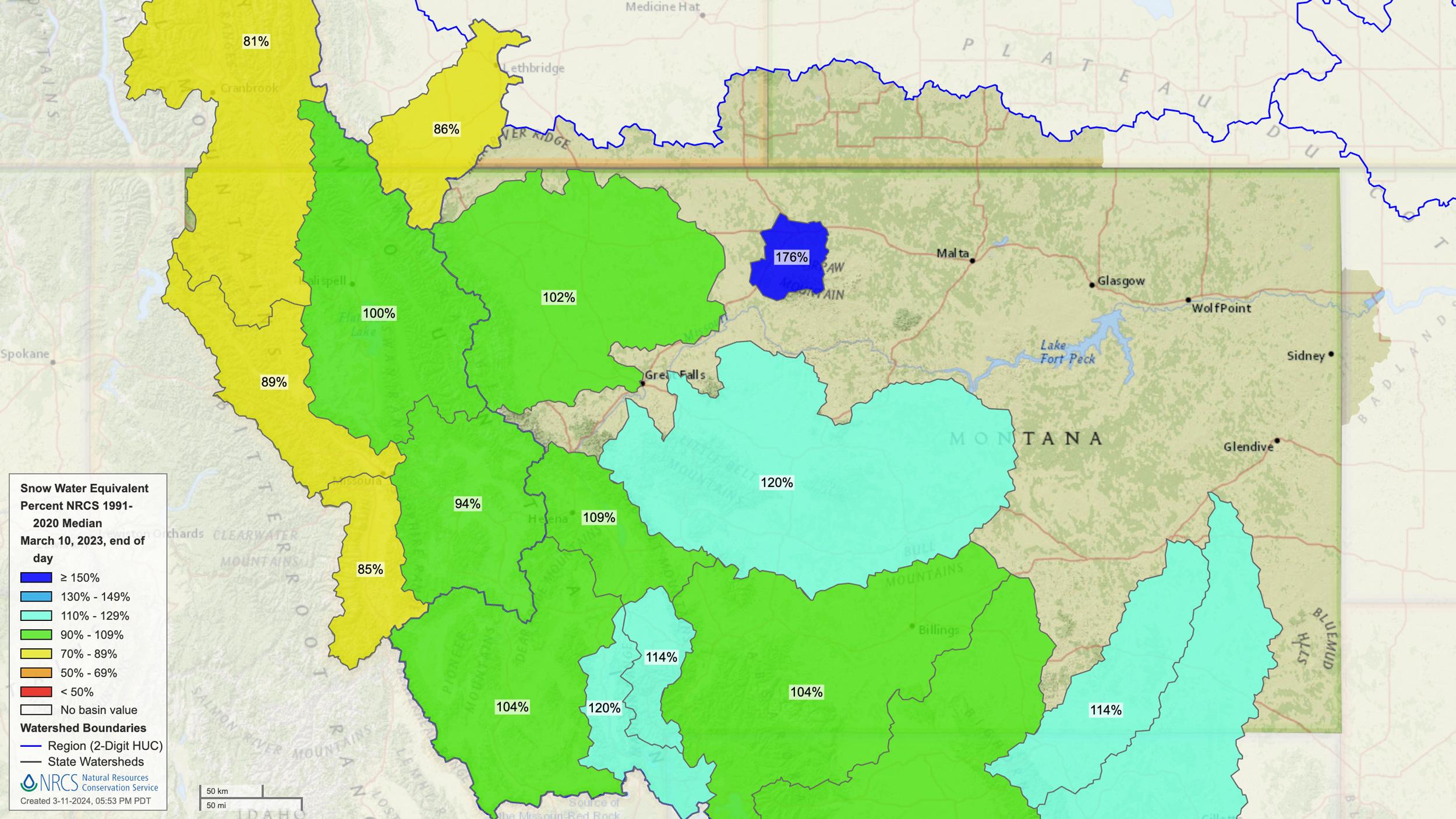 Montana mid March 2023 snow water equivalent map