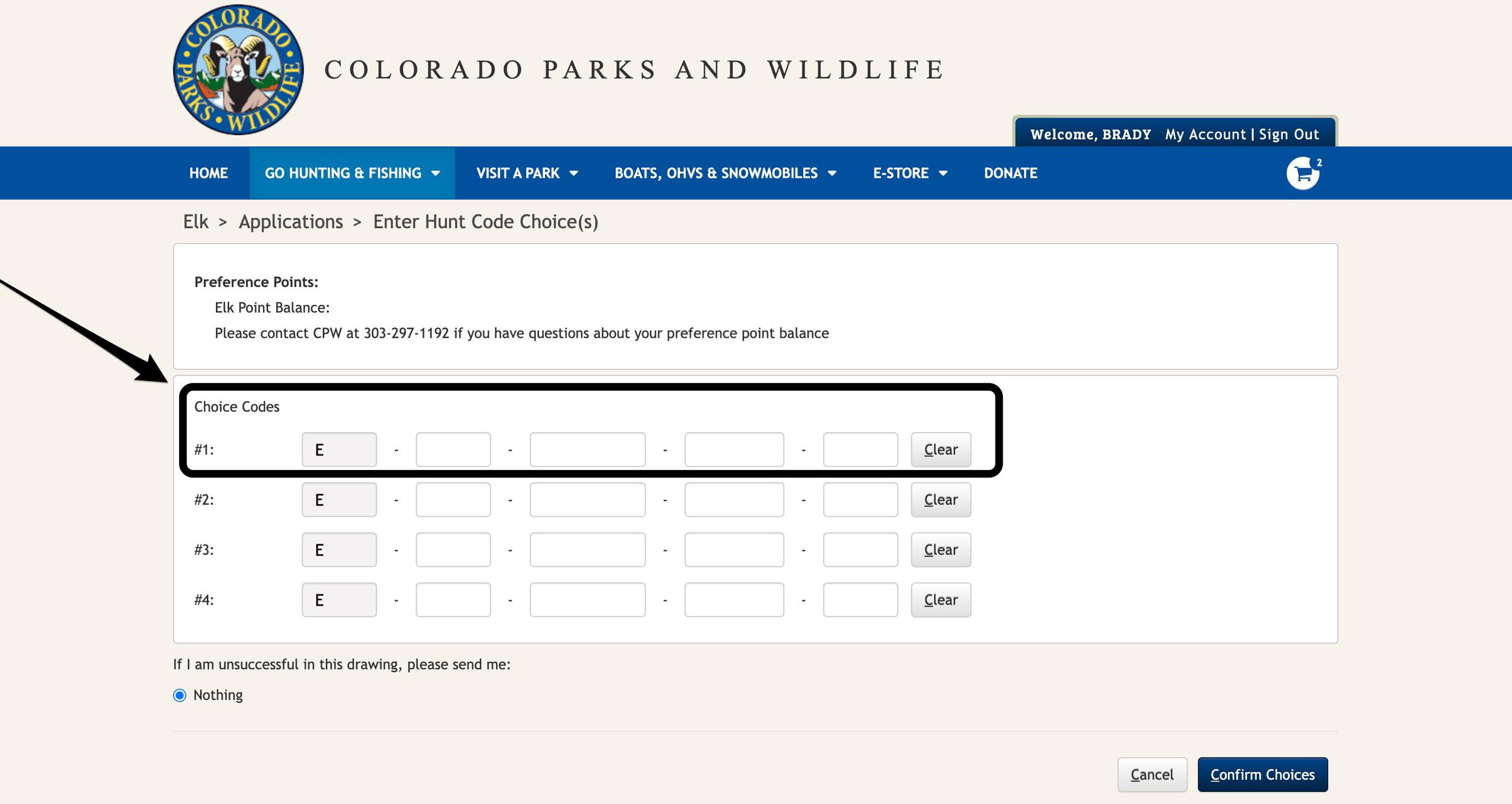 Section to enter in Colorado preference point code
