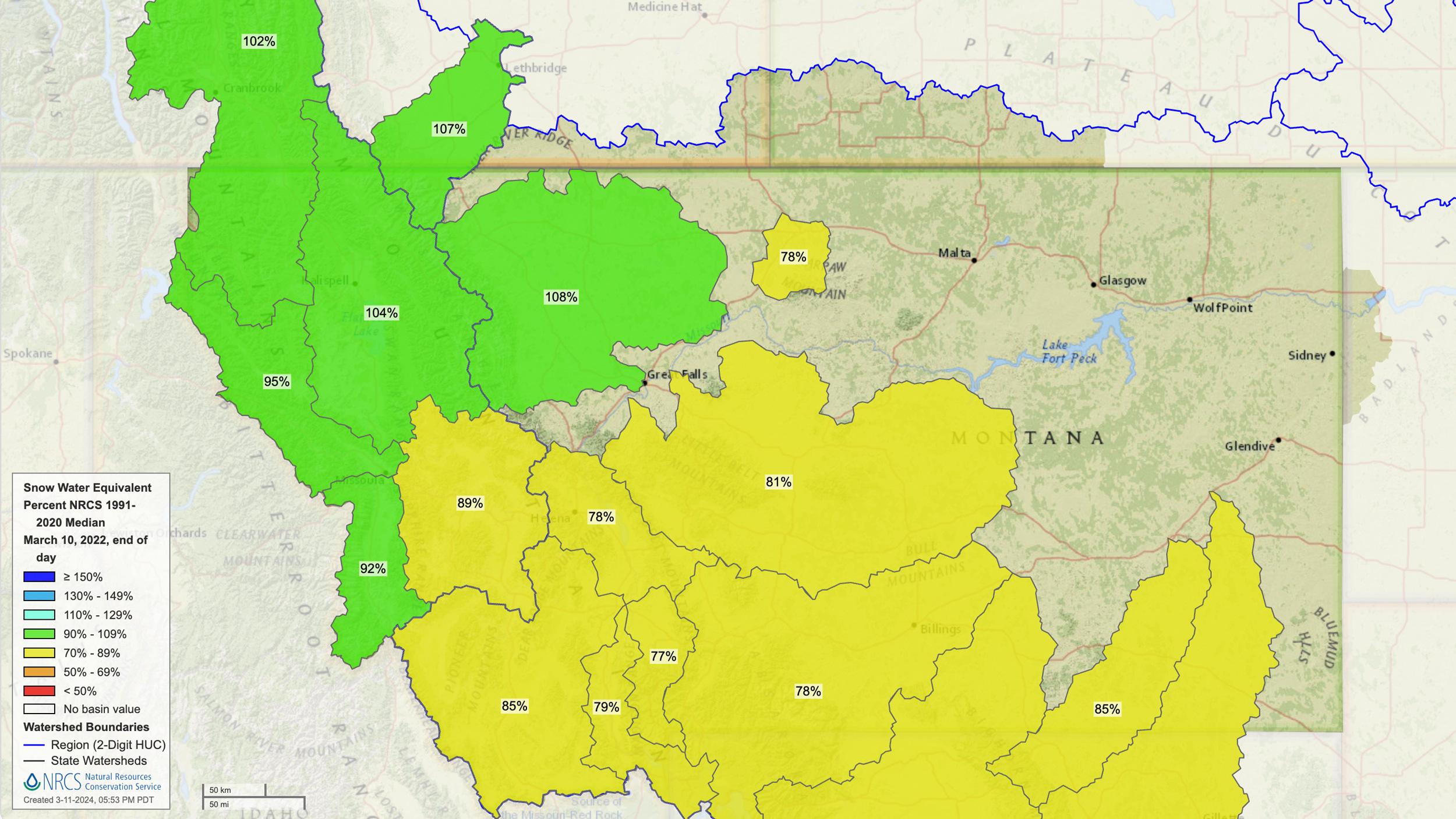Montana mid March 2022 snow water equivalent map