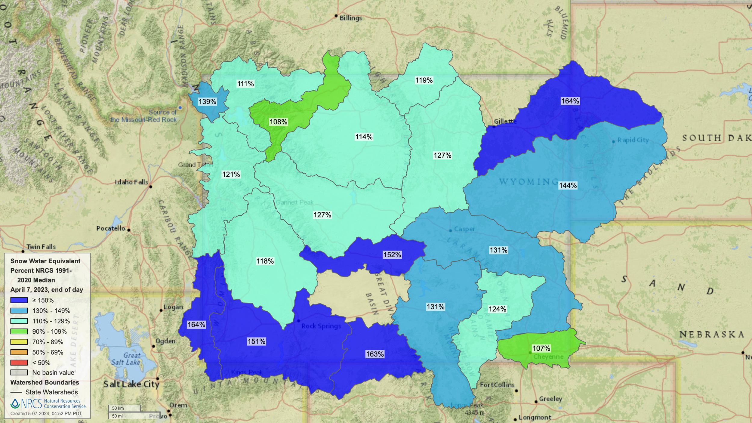 2023 Wyoming early April snow water equivalent map