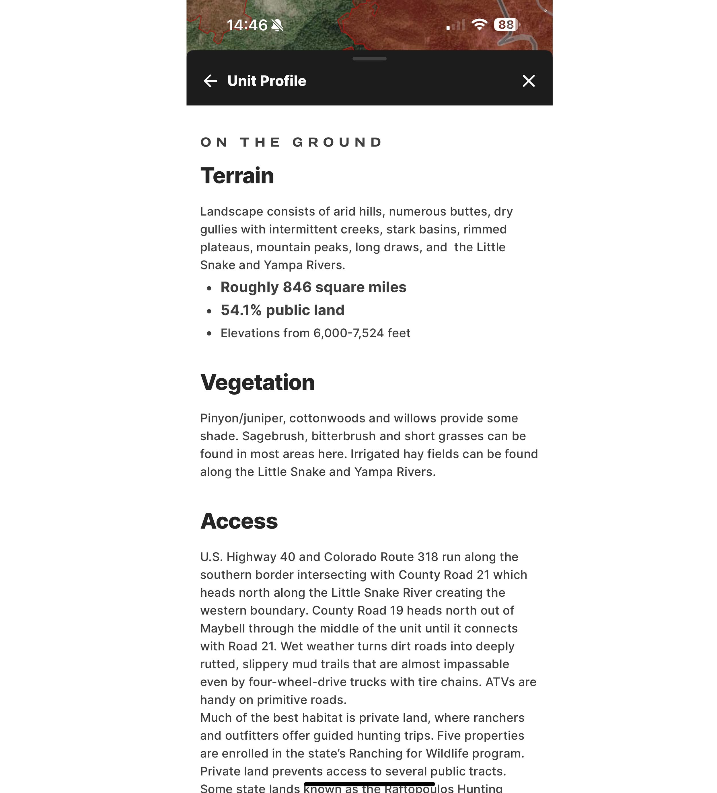 Terrain and access details on a Unit Profile when researching for an elk unit to hunt