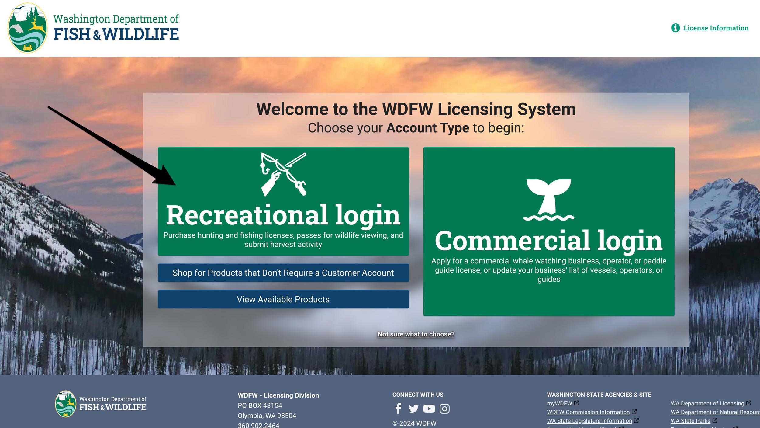 Washington Department of Fish and Wildlife licensing page login