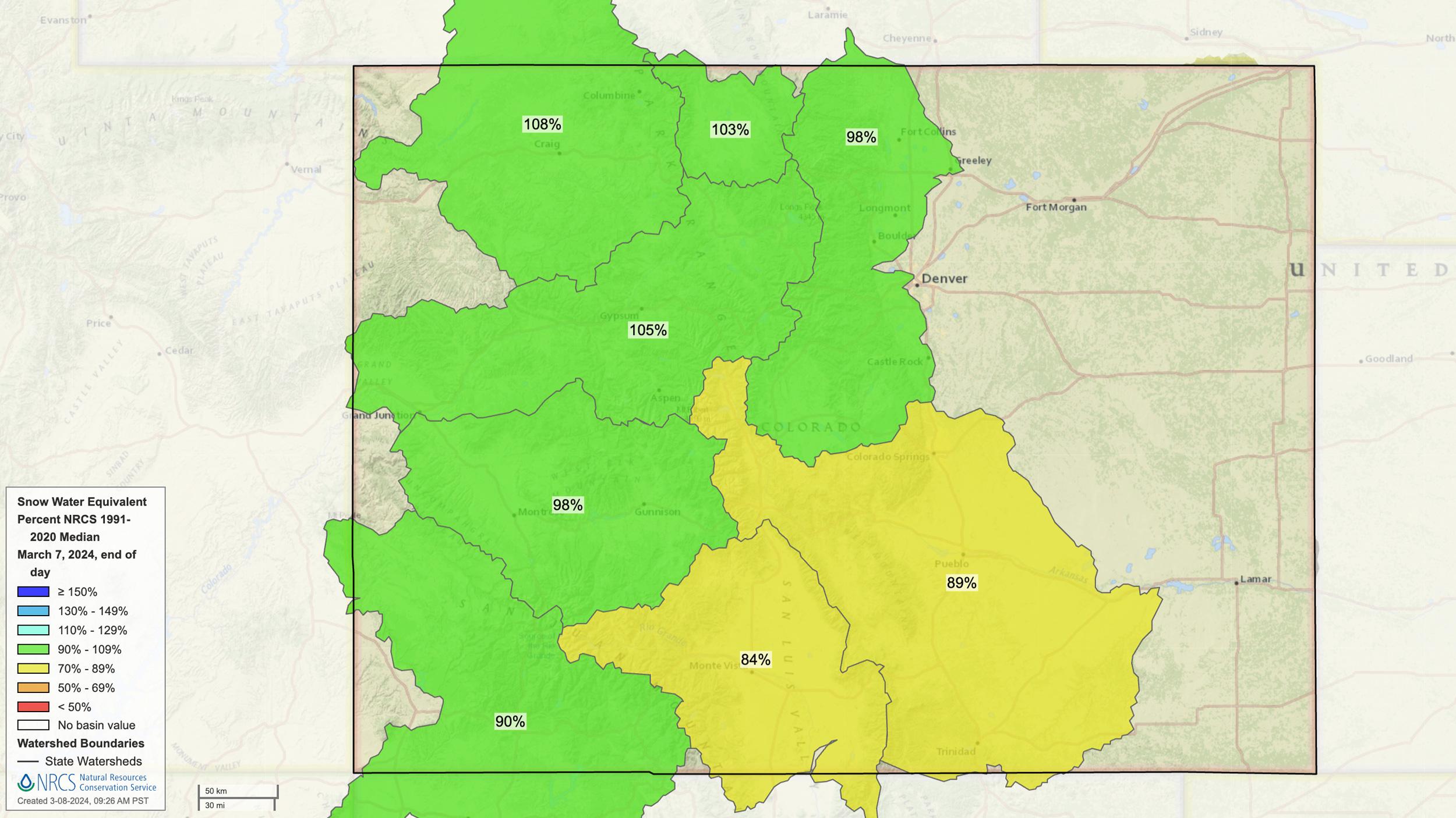 Colorado early March 2024 snow water equivalent map