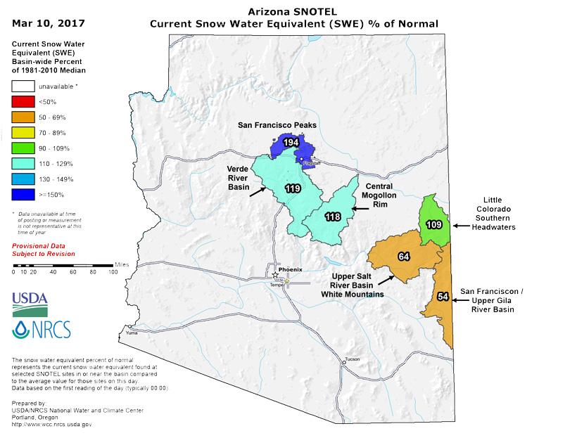 Arizona snow water equivalent march 2017