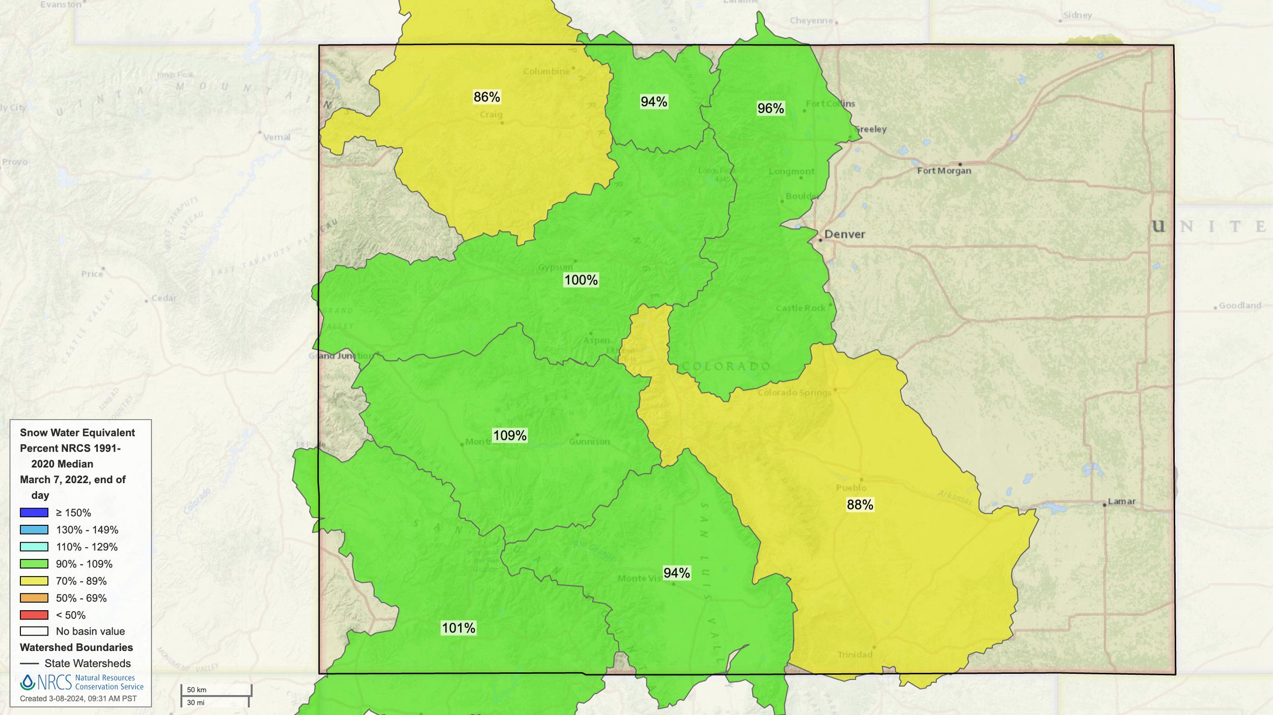 Colorado early March 2022 snow water equivalent map