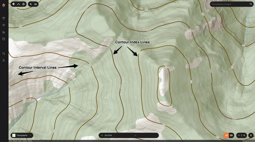 Contour Index and Interval lines on topographical map