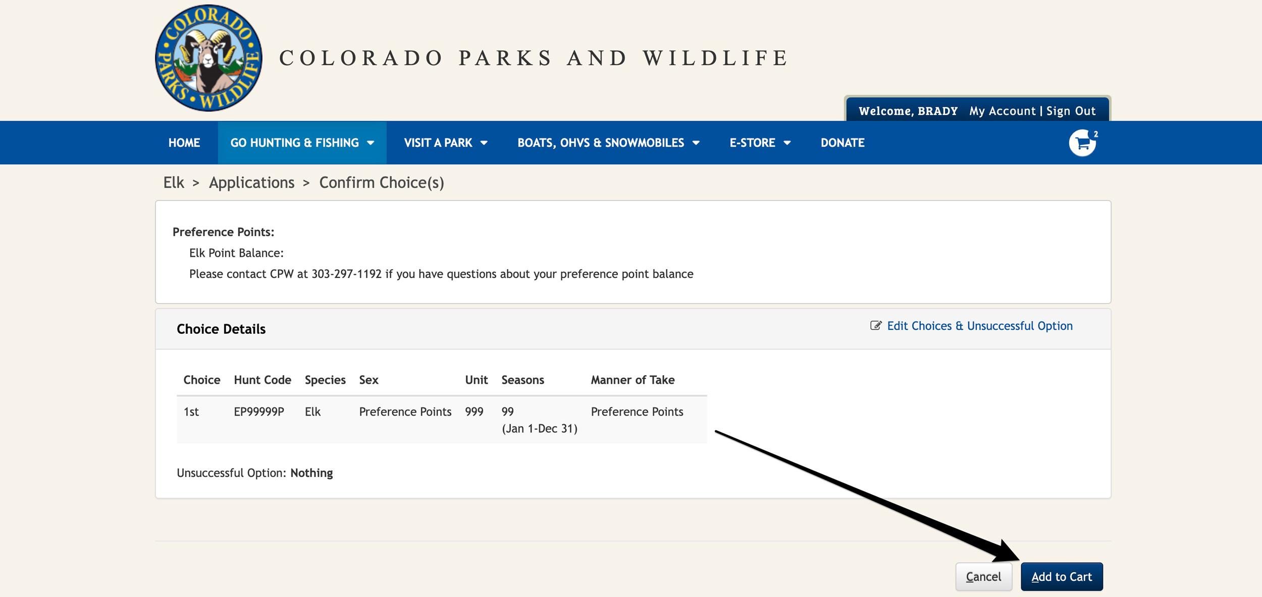 Confirming your Colorado elk preference point selection