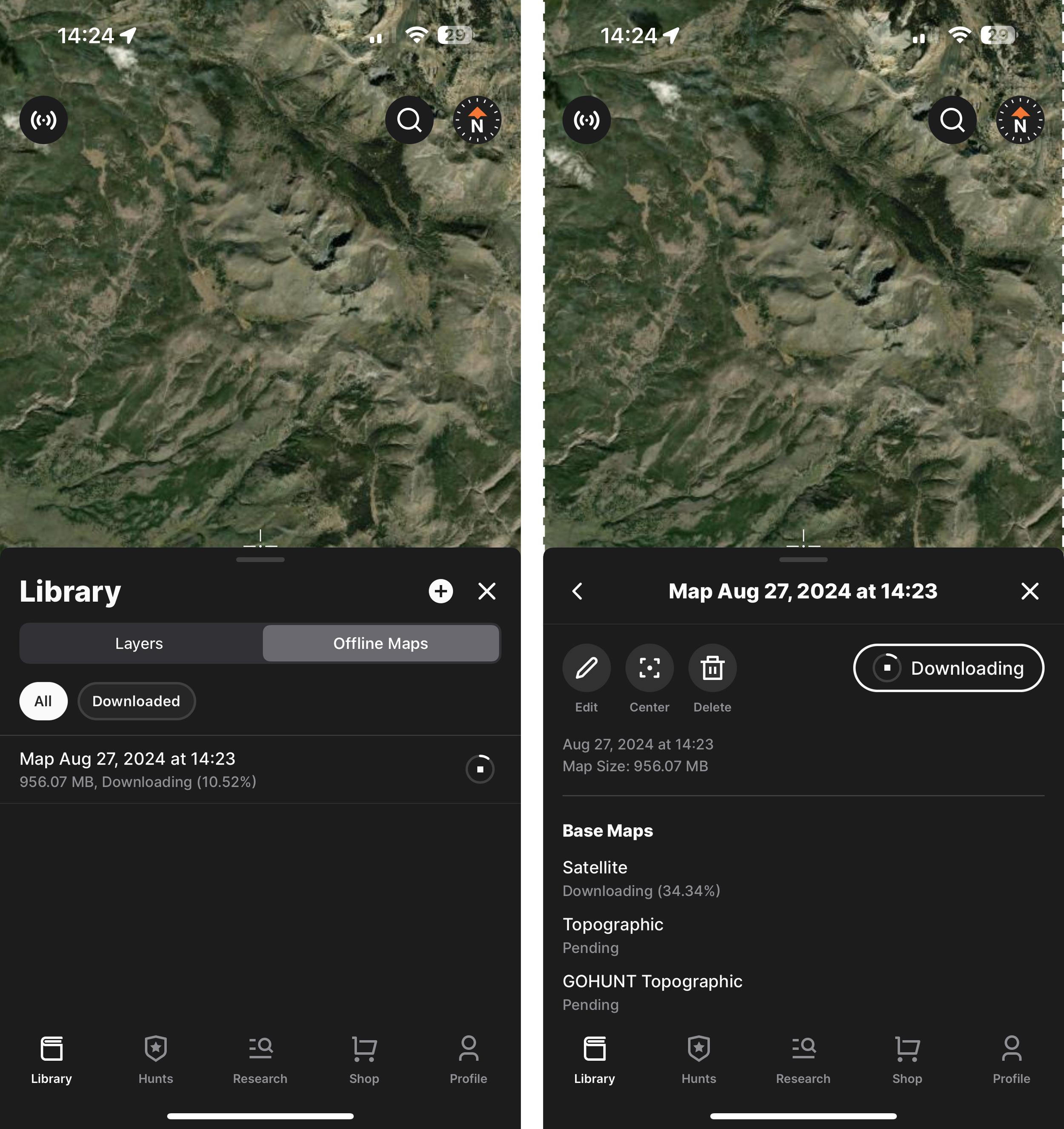 Screens showing the download status of offline hunting map