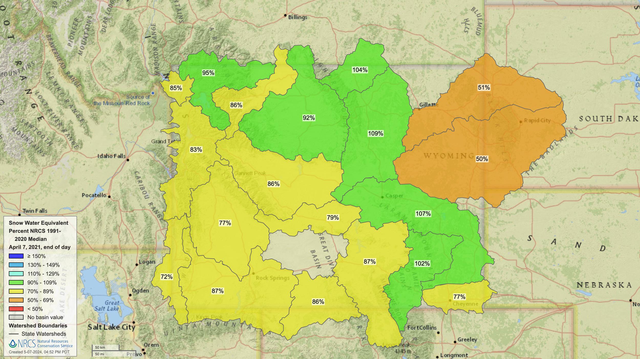 2021 Wyoming early April snow water equivalent map