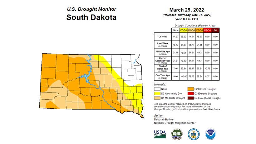 South Dakota 2022 late March drought status map