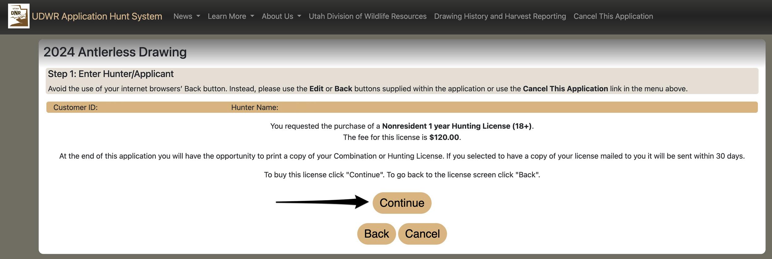 Confirming hunting license purchase for Utah