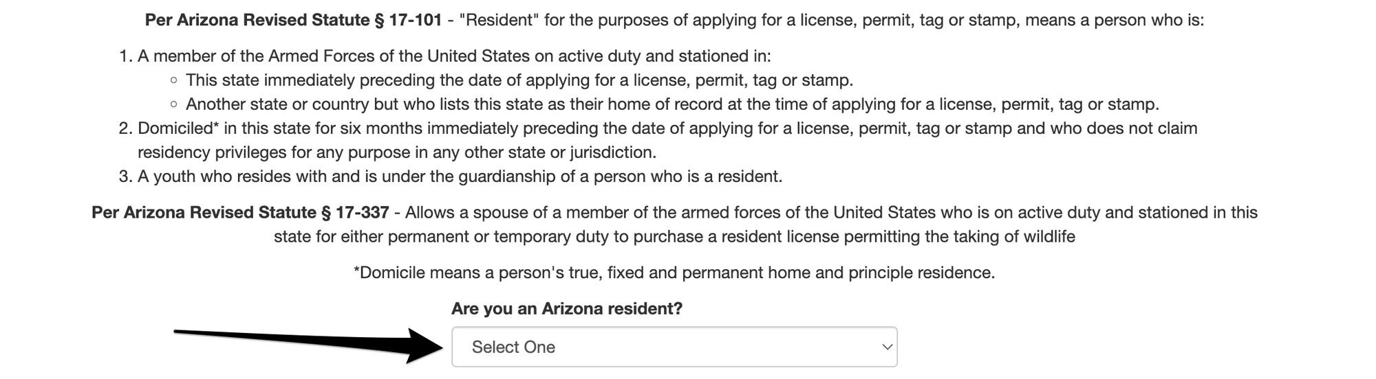 Selecting resident or nonresident of Arizona