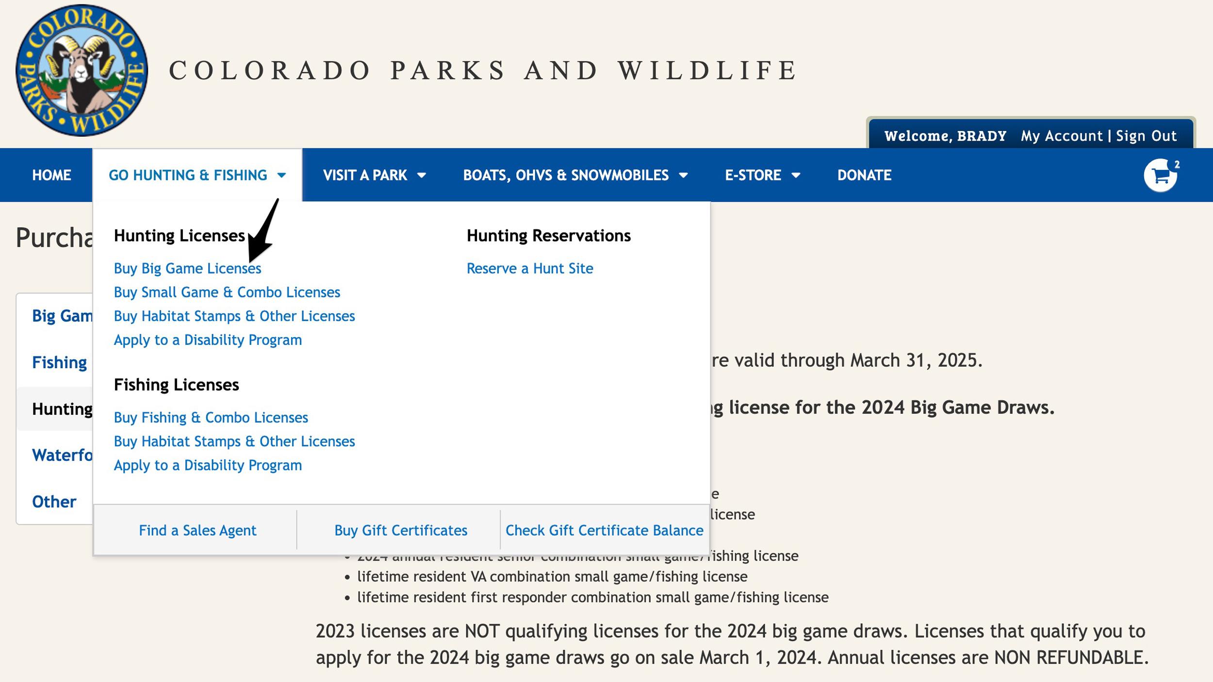 Buy Big Game Licenses section on Colorado shop page