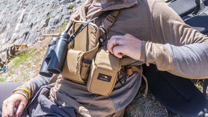 Marsupial bino harness and rangefinder pouch