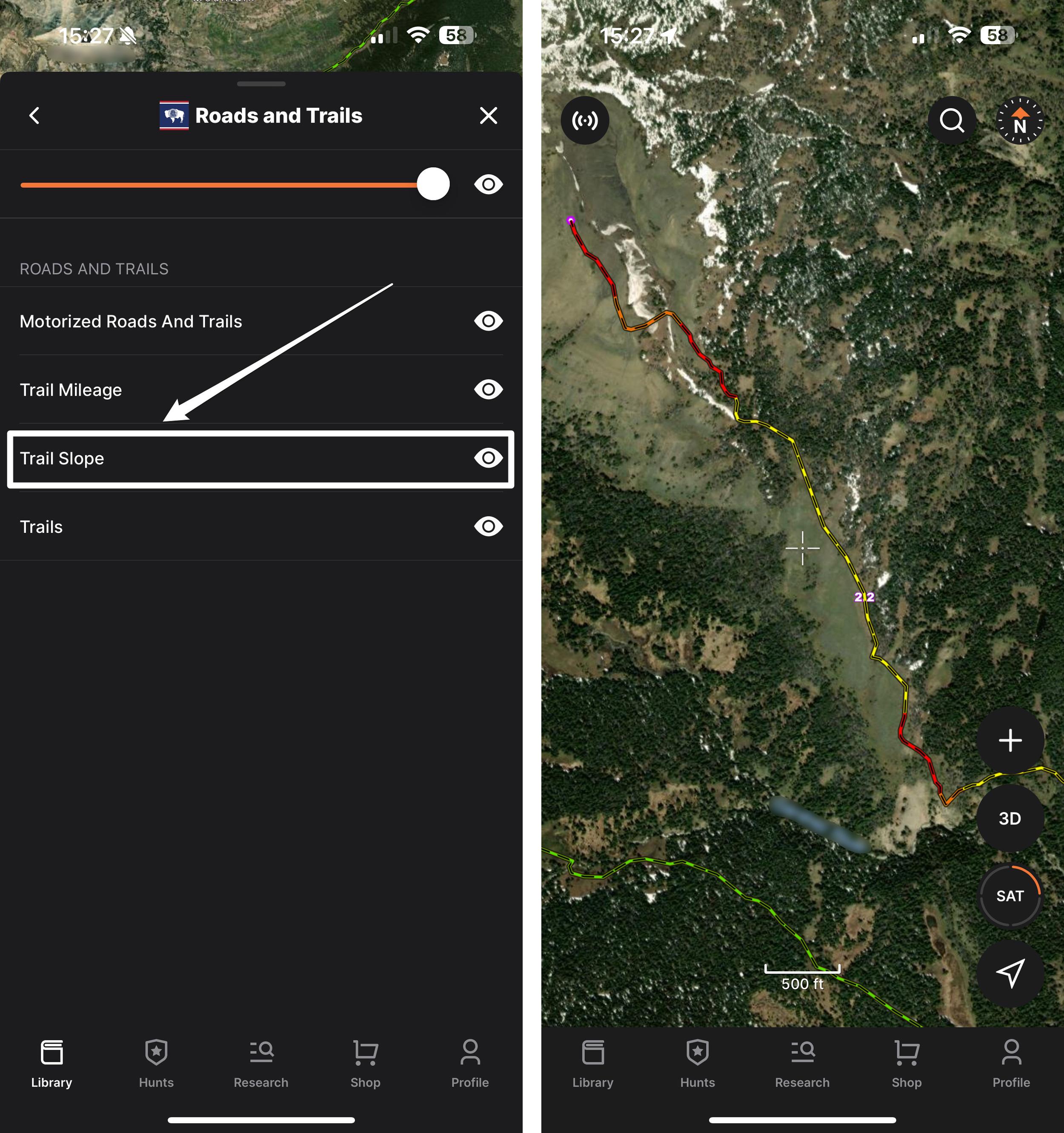 Trail Slope Layer on GOHUNT Maps mobile app