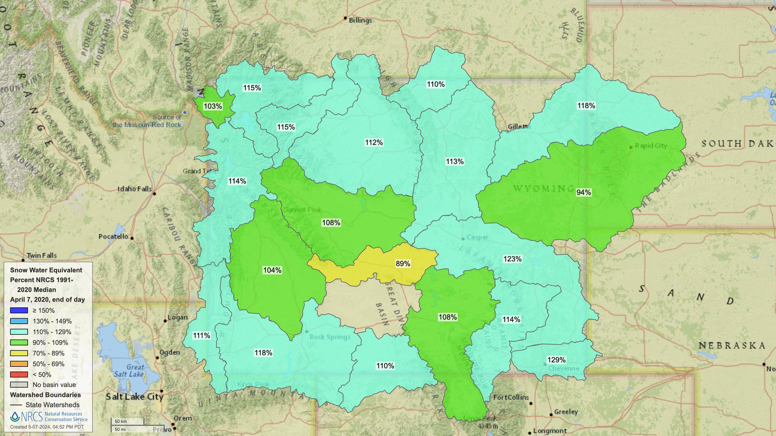 2020 Wyoming early April snow water equivalent map