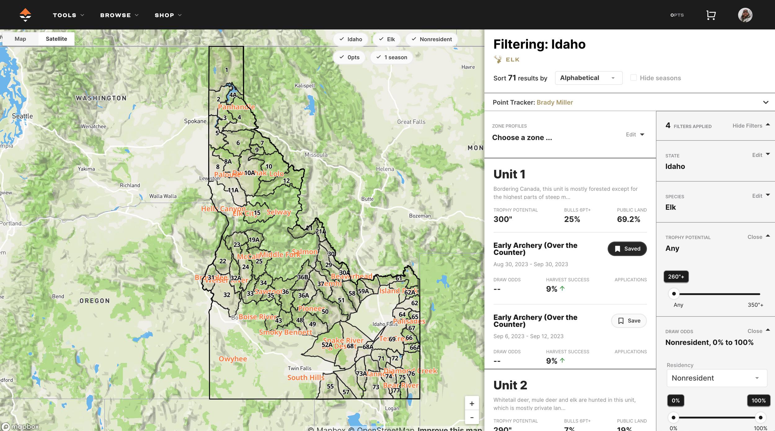 Researching for elk units in Idaho on GOHUNT Filtering